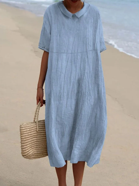 

Shawl Collar Cotton Loose Casual Dress With No, Blue, Maxi Dresses