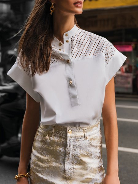 Loose Urban Plain Half Open Collar Blouse, White, Blouses and Shirts