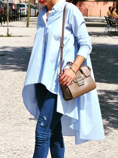 

Shirt Collar Plain Urban Loose Blouse, Light blue, Blouses and Shirts