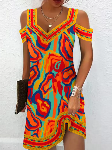

Women Abstract Graphic V Neck Short Sleeve Comfy Casual Short Dress, Multicolor, Dresses