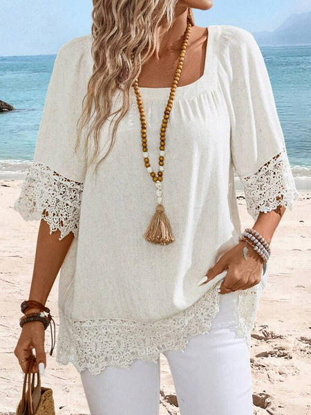 

Women's Half Sleeve Blouse Summer Plain Lace Edge Square Neck Daily Going Out Casual Top Off White, Shirts & Blouses