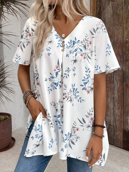 

Women's Short Sleeve Shirt Summer White Floral Asymmetric V Neck Daily Going Out Casual Top, Shirts & Blouses