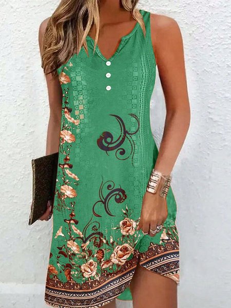 

Women Floral Notched Sleeveless Comfy Casual Short Dress, Green, Dresses