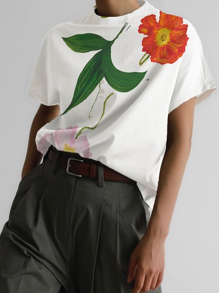 

Casual Loose Floral Crew Neck T-Shirt, White, Tees