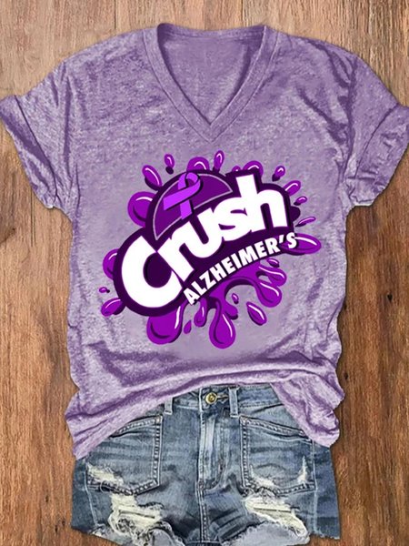 

Casual Text Letters V Neck Short Sleeve T-shirt, Purple, T-shirts