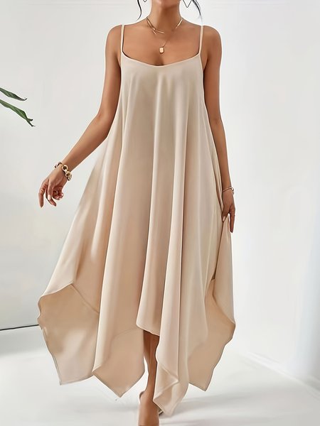 

Women Plain Spaghetti Gallus Comfy Casual Maxi Dress, Apricot, Dresses