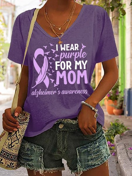 

Casual Text Letters V Neck Short Sleeve T-shirt, Purple, T-shirts