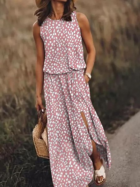 

Women Abstract Polka Dots Crew Neck Sleeveless Comfy Casual Maxi Dress, Pink, Dresses