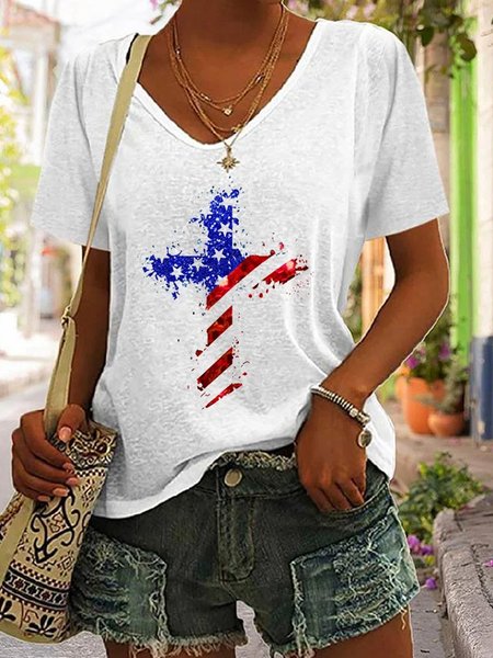 

Casual America Flag V Neck Short Sleeve T-shirt, White, T-shirts