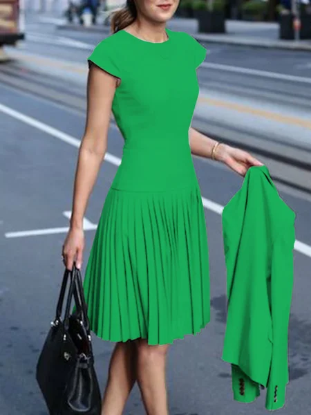 Daily Plain Elegant Crew Neck Regular Fit Dress, Green, Midi Dresses