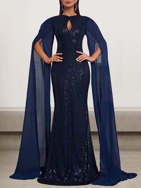 Women Plain Crew Neck Long Sleeve Comfy Sexy Maxi Dress, Purplish blue, Dresses