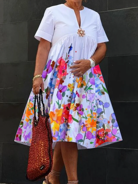 

Plus Size Loose Short Sleeve Urban Plants Dress, White, Plus Dresses