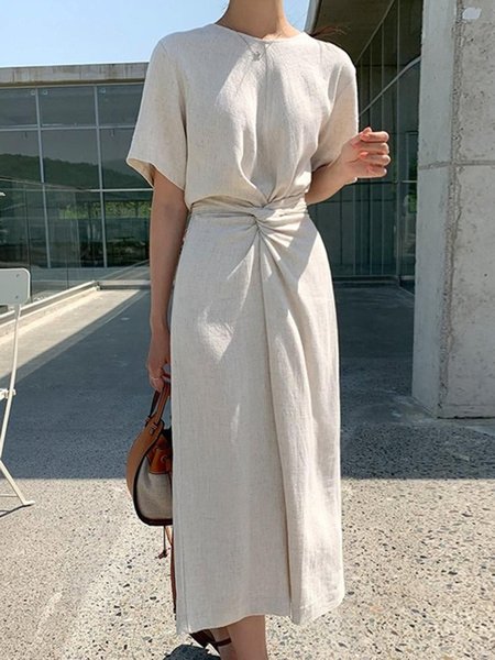 

Plain Crew Neck Casual Dress, Apricot, Maxi Dresses