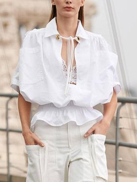 

Shirt Collar Plain Urban Loose Blouse, White, Blouses and Shirts