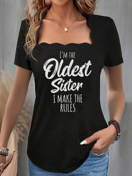 

Casual Text Letters Scoop Neck Short Sleeve T-shirt, Black, T-shirts