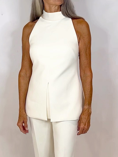 

Regular Fit Urban Stand Collar Sleeveless Plain Shirt, White, Blouses and Shirts