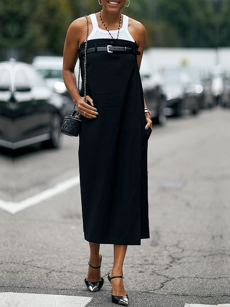 Regular Fit Cold Shoulder Sleeveless Urban Midi Dress, Black, Midi Dresses