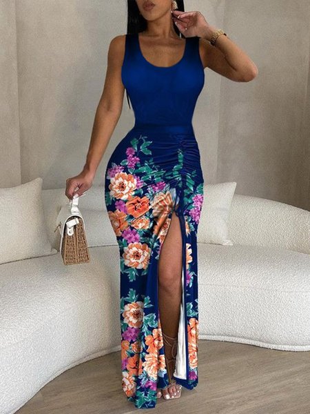 

Vacation Regular Fit Crew Neck Floral Dress, Purplish blue, Maxi Dresses