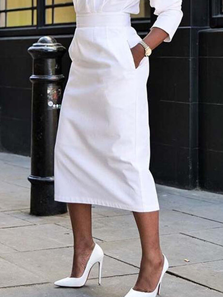 

Regular Fit Plain Elegant Midi Skirt, White, Skirts