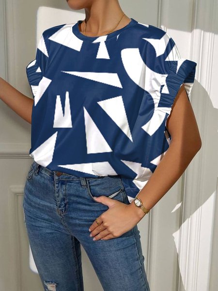 

Crew Neck Geometric Casual Loose Shirt, White-blue, Blouses and Shirts