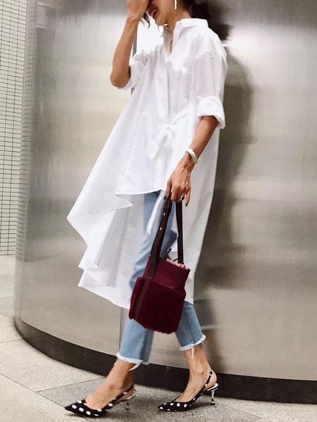 

Urban Shirt Collar Plain Irregular Loose Blouse, White, Blouses and Shirts