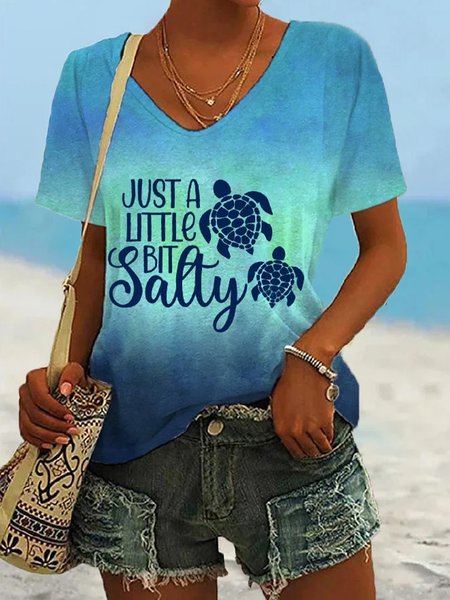 

Casual Text Letters V Neck Short Sleeve T-shirt, Blue, T-shirts