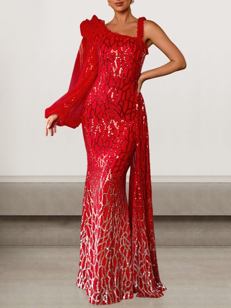 

Women Plain Asymmetrical Collar Long Sleeve Comfy Sexy Maxi Dress, Red, Dresses