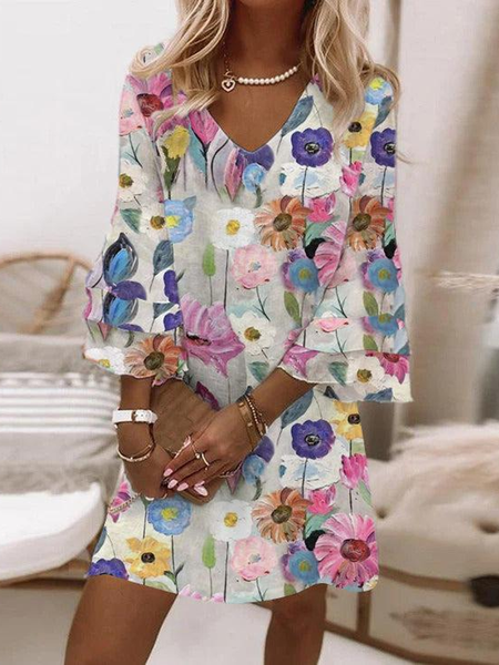 

Women Floral V Neck Three Quarter Sleeve Comfy Casual Short Dress, White, Dresses