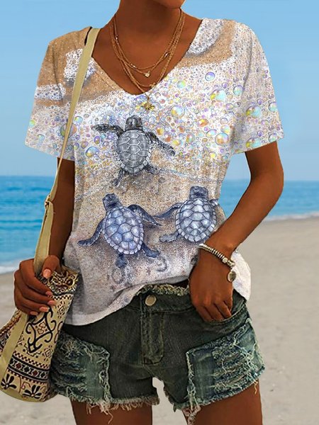 

Casual Beach V Neck Short Sleeve T-shirt, Multicolor, T-shirts