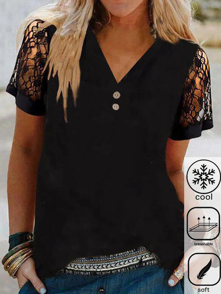 

V Neck Short Sleeve Plain Lace Regular Micro-Elasticity Loose Shirt For Women, Black, Blouses