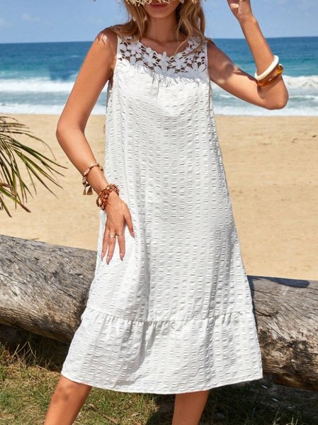 

Casual Crew Neck Dress With No, White, Midi Dresses