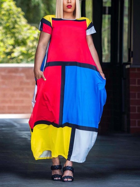 

Crew Neck Casual Short Sleeve Abstract Plaid Maxi Dress, As picture, Maxi Dresses