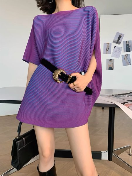 

Elegant Color Block Loosen Boat Neck Mini Dress With No Belt, Purple, Mini Dresses