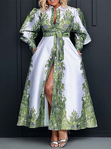 

Shirt Collar Elegant Regular Fit Random Print Midi Dress With Belt, Green, Midi Dresses