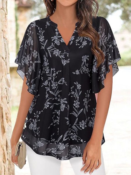 

Women's Short Sleeve Blouse Summer Floral V Neck Daily Going Out Casual Tunic Top Black, Shirts & Blouses