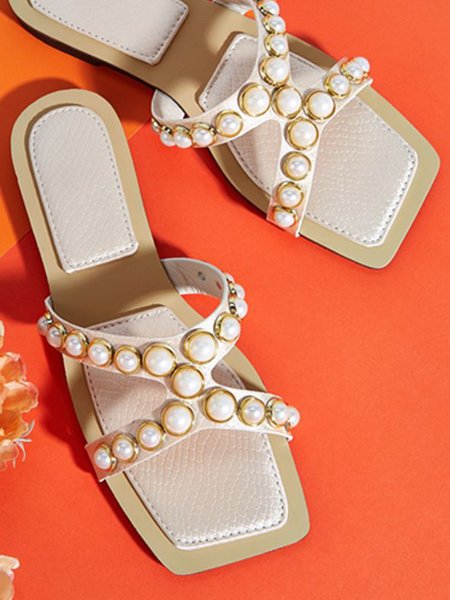 

Elegant Imitation Pearl Embossed Cut Out Slide Sandals, Apricot, Slippers