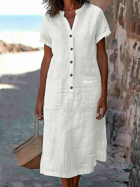 

Loose Half Open Collar Casual Cotton Dress With No, White, Midi Dresses