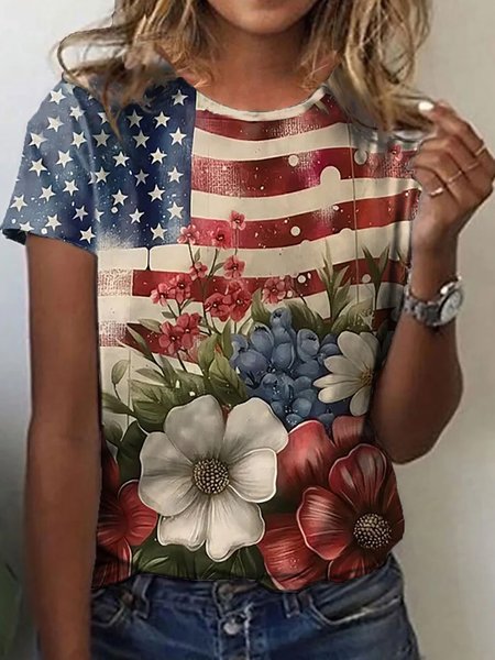 Women's Independence Day Flower Print T Shirt