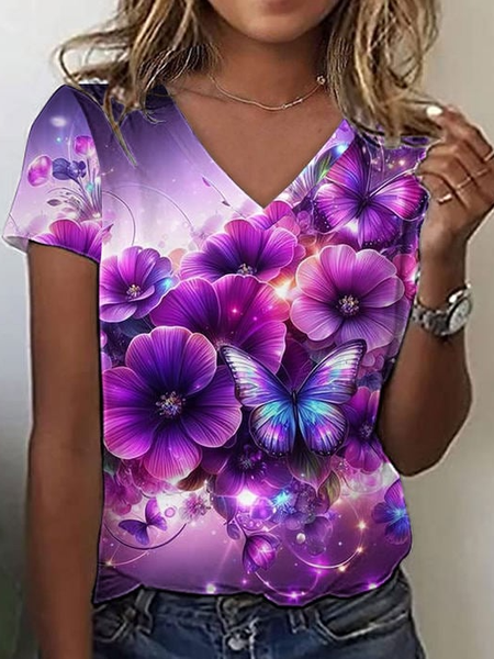 

Casual Floral V Neck Short Sleeve T-shirt, Purple, T-shirts