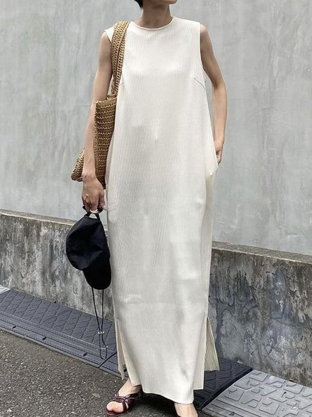 Crew Neck Casual Plain Loose Dress, Ivory, Maxi Dresses
