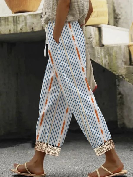 

Casual Striped Long Buckle Pant, Blue, Pants