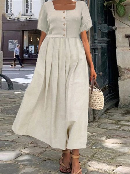 

Loose Plain Cotton Dress With No, Light khaki, Maxi Dresses