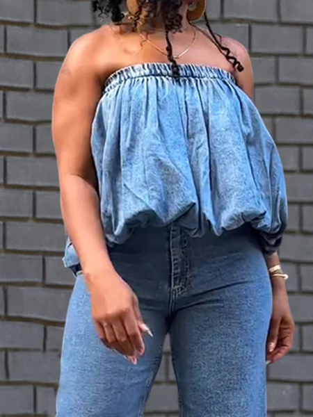 Micro-Elasticity Loose Urban Cold Shoulder Sleeveless Plain Denim Denim Top, Denim blue, Tops