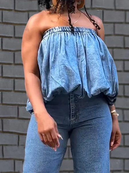 

Micro-Elasticity Loose Urban Cold Shoulder Sleeveless Plain Denim Denim Top, Denim blue, Tops