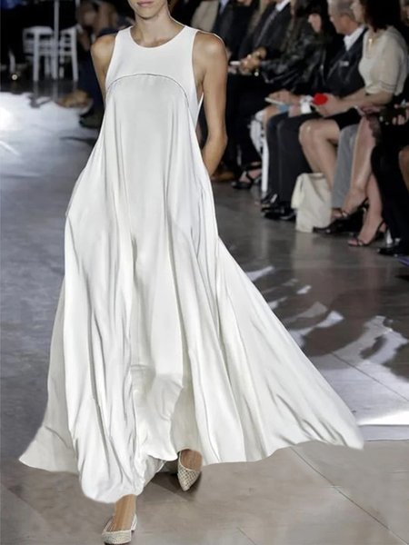 

Elegant Plain Sleeveless Crew Neck Plain Dress, White, Maxi Dresses