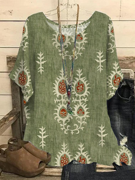 

Crew Neck Short Sleeve Ethnic Regular Loose Shirt For Women, Green, Blouses