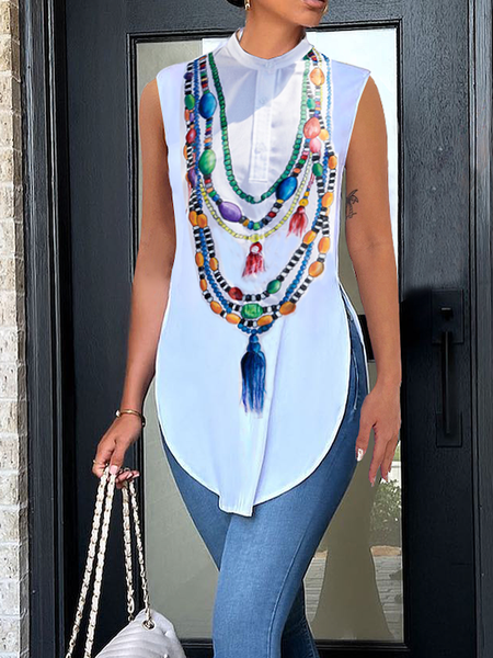 

Regular Fit Stand Collar Sleeveless Urban Blouse, White, Blouses and Shirts