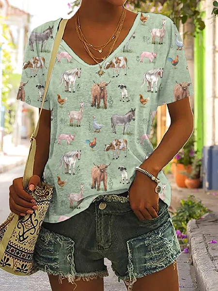

Casual Animal V Neck Short Sleeve T-shirt, Green, T-shirts