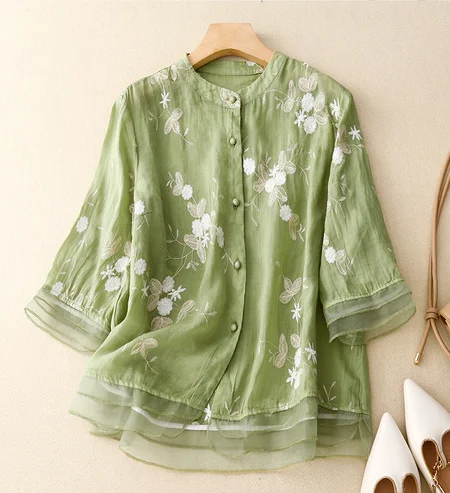 

Shirt Blouse Women's Embroidered Fashion Round Neck Cotton Causal Blouse, Green, Blouses & Shirts