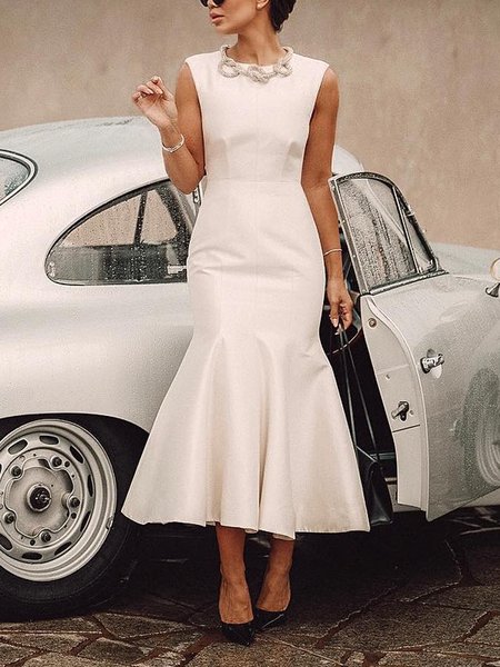 Elegant Plain Sleeveless Midi Dress, White, Midi Dresses